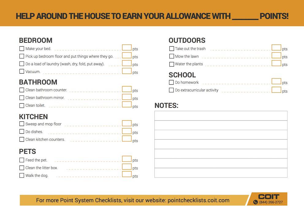 Printable Chore Charts Point System