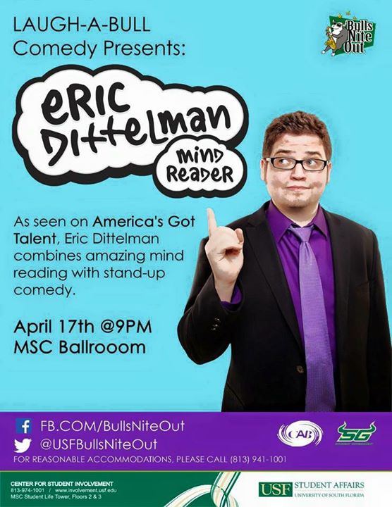 USFBullsNiteOut's tweet photo. Dont miss this amazing performance by Eric Dittelman! Come out tonight to the MSC Ballroom at 9 PM! http://t.co/vNZwop7k5V