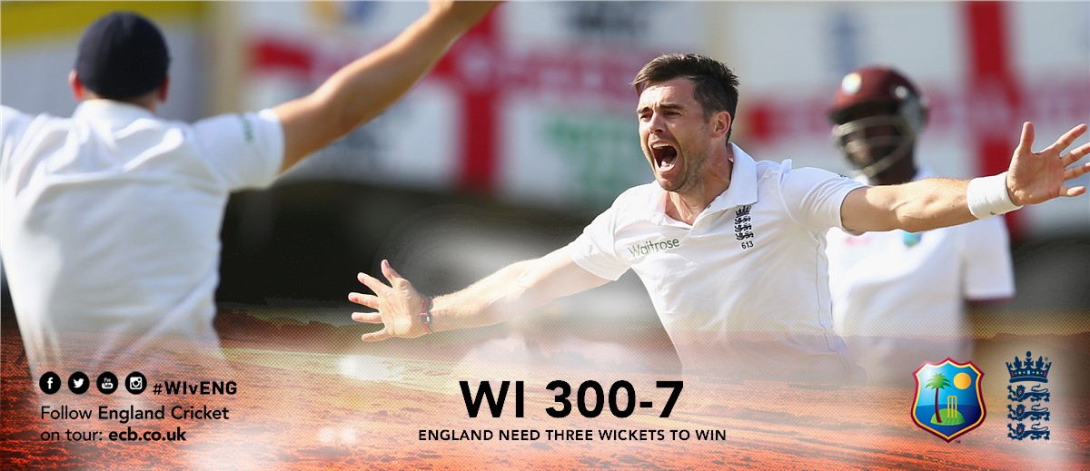 ECB_cricket's tweet photo. CELEBRATION: The moment Jimmy made history in his 100th Test match - dismissing Ramdin for 57. #384 #Jimmy100 #WIvEng http://t.co/SfEuIEPkQ9