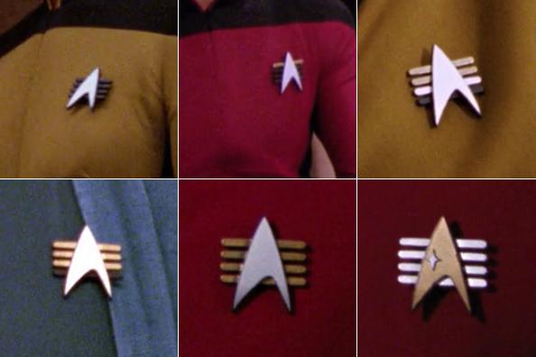 TrekCore's tweet photo. Alternate Starfleet combadges, seen on holograms ("Future Imperfect") and then in a parallel universe ("Parallels"). http://t.co/7gQF9g7HZ7