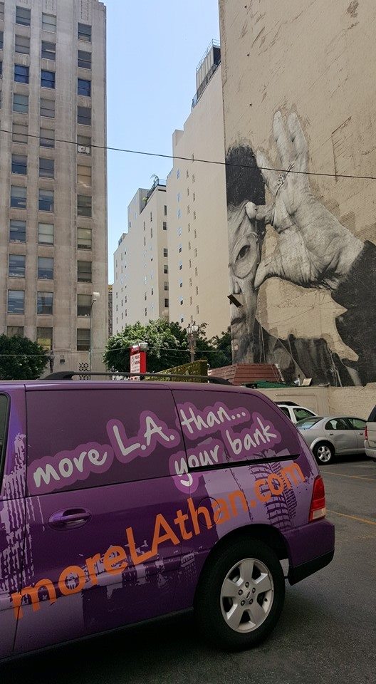 MoreLAthan's tweet photo. More L.A. Than... our MLAT Van in front of some DTLA Art! 
#DTLA #DowntownLA #MLAT #MoreLAThan #LosAngeles #Art http://t.co/y53Vn37fQm