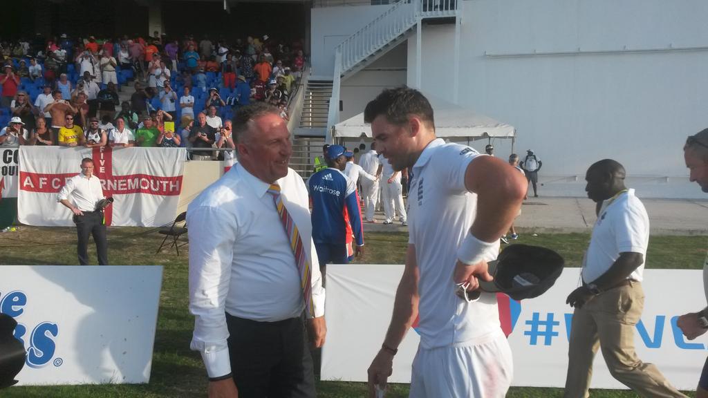 ECB_cricket's tweet photo. Sir Ian congratulates Jimmy on breaking his England Test wicket record #Jimmy384 #Jimmy100 #WIvEng http://t.co/0v7Rumx4sf