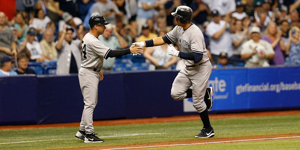 Yankees's tweet photo. .@AROD hits a solo shot to lead off the second! 1-0 #Yankees. #PinstripePride http://t.co/qMfEse8bb2