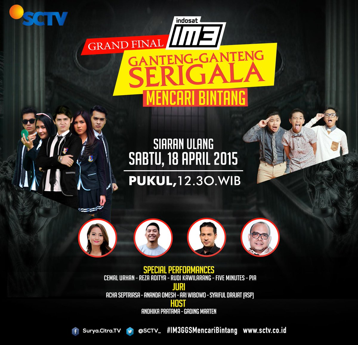 SCTV's tweet photo. Siang ini Siaran Ulang malam Grand Final #IM3GGSMencariBintang 

Sabtu, 18 April 2015 pukul 12.30 WIB di @SCTV_ http://t.co/DIUOvy9rDx