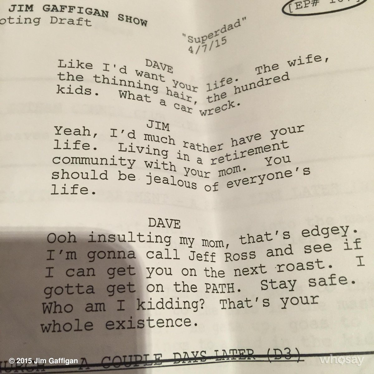 JimGaffigan's tweet photo. Shooting a scene of @gaffiganshow where we mention my buddy @realjeffreyross http://t.co/lfDxoX7G3S