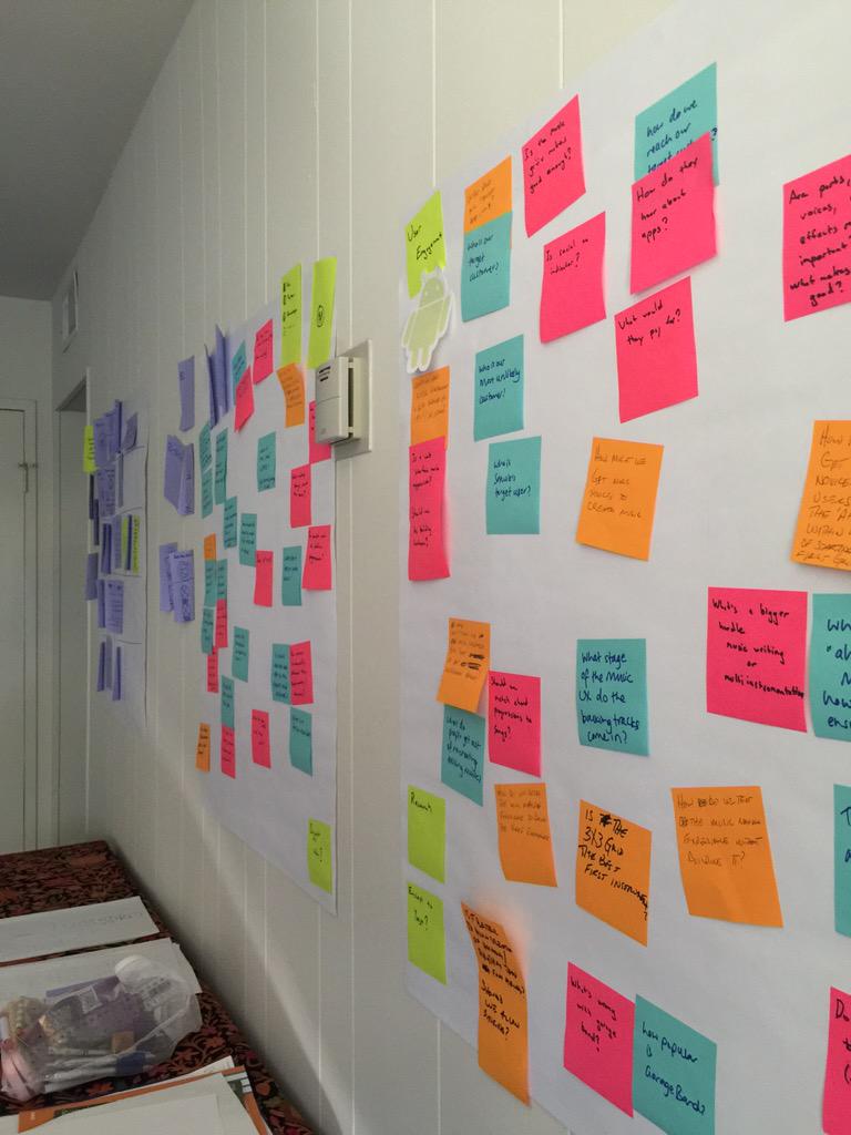 gmcerveny's tweet photo. After a week long design sprint, the walls are filled with musical ideas @jakek @mmargolis http://t.co/sJlVJ8CIrm