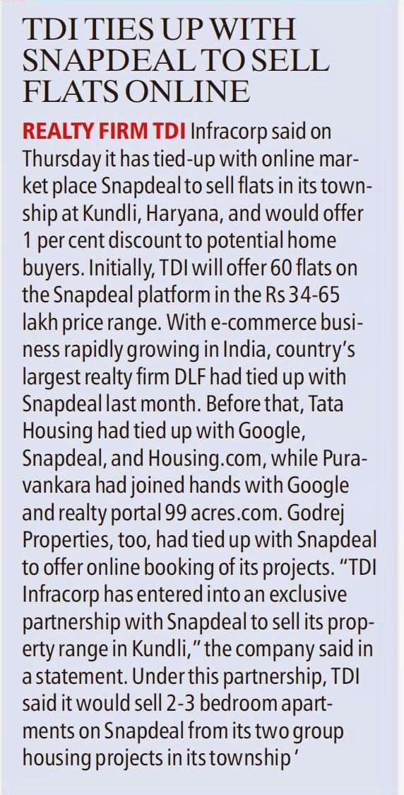 TInfracorp's tweet photo. TDI InfraCorp ties up with Snapdeal.
Extract from : Indian Epressway dated 11th April, 2015 http://t.co/J19uwGSq8F