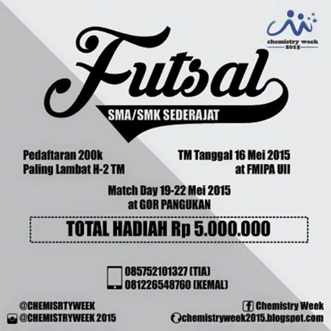 haryoko_ono's tweet photo. FUTSAL SMA/SMK Sederajat. Pendaftaran 200K. tgl 16 mei 2015. info : 081226548760 (Kemal). #CW2015 http://t.co/zLZwcVXWwD #InfoJogja