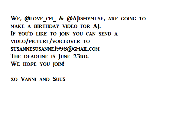 AJismymuse's tweet photo. The Aj birthday video information thingy with @Love_CM_ http://t.co/mCQUOX7P6t