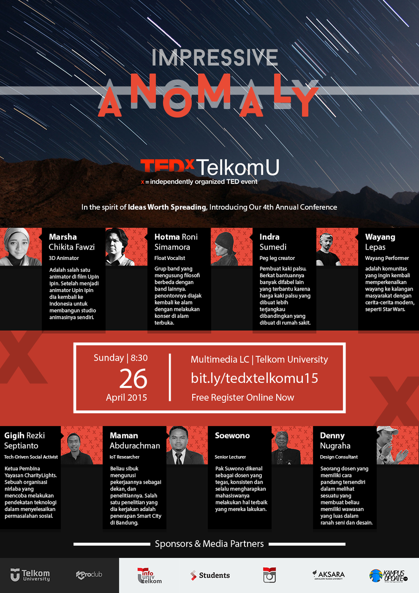 TEDxTelkomU's tweet photo. Masih ada kesempatan mendaftarkan dirimu sebagai audiences #ImpressiveAnomaly

Registrasi dibuka hingga 22 April. http://t.co/6NLvABF6XV