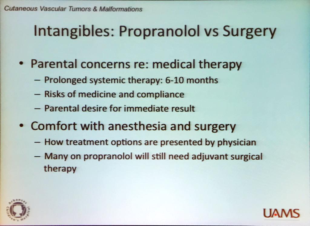 SkinCancerAR's tweet photo. Dr. Richter: propranolol vs surgery for infantile hemangioma. Considerations. #ASCC15 #dermatology http://t.co/9XI2NlrHxr