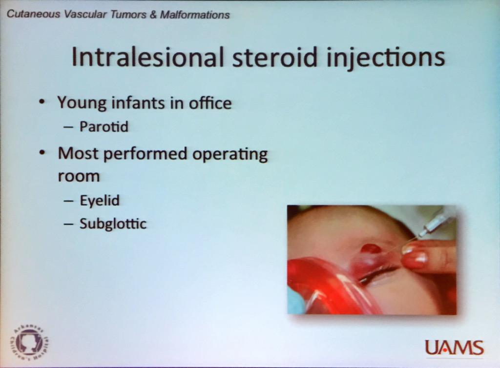 SkinCancerAR's tweet photo. Dr. Richter: intralesional steroids work for infantile hemangioma. some risk of dermal atrophy #ASCC15 #dermatology http://t.co/9iNGjoUZCW