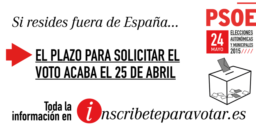 PSOE_CyL's tweet photo. ¿Vives fuera de España? Tienes hasta el 25 de abril para solicitar tu voto! Toda la info, aquí http://t.co/30zGzYRp5B http://t.co/iHRCy8B2As