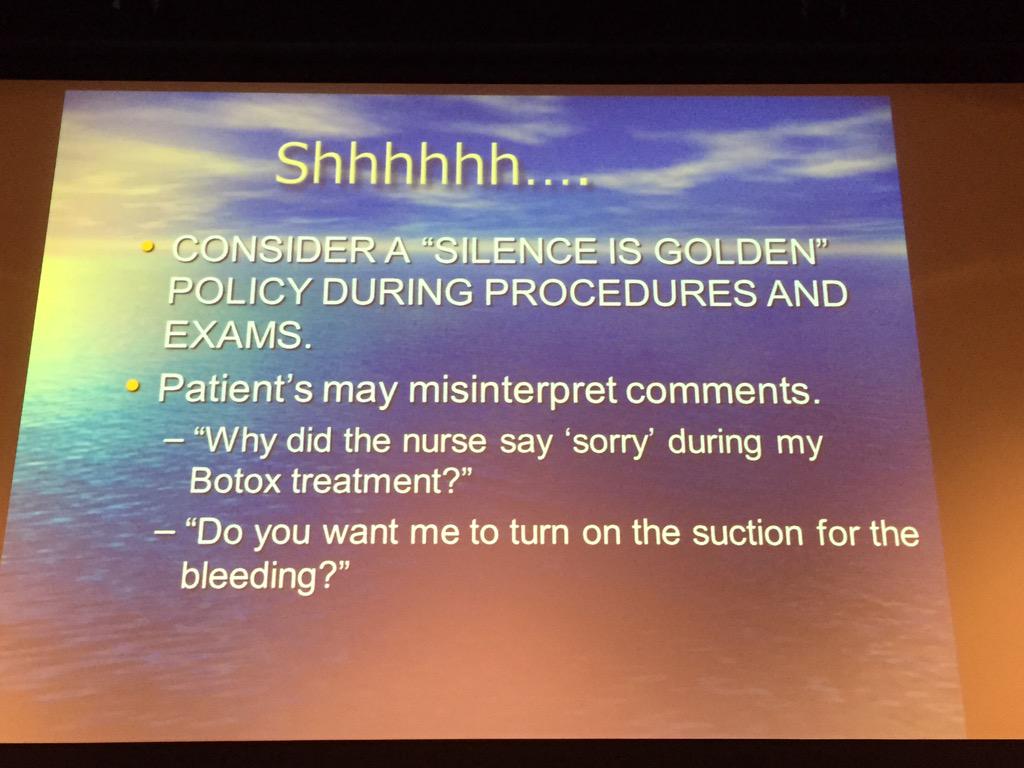 SkinCancerAR's tweet photo. Other ways to make patient comfortable during #dermatology procedure. - Christy Frank #ASCC15 http://t.co/95yCrfzKIe