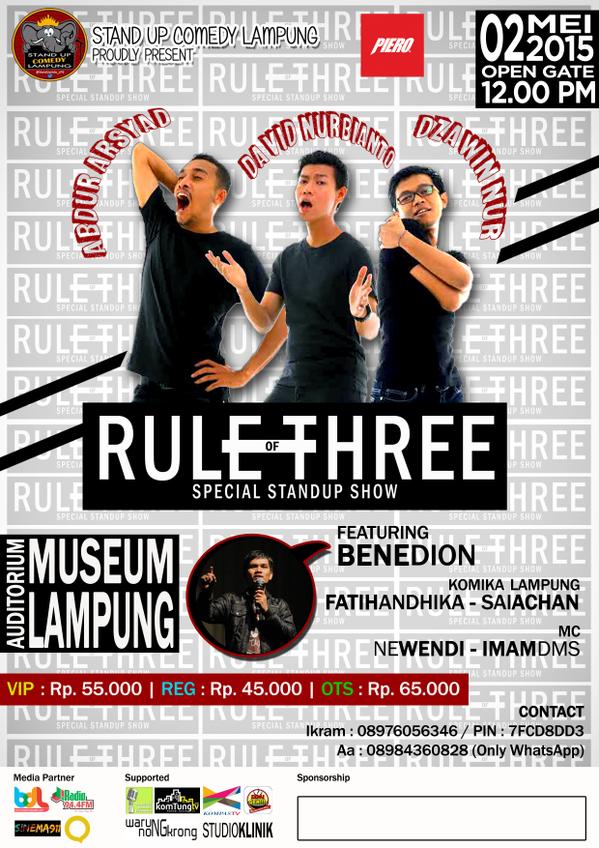sinema911's tweet photo. #RuleOfThreeLPG | 2/5/2015 | DAVID, ABDUR, DZAWIN ft BENE DION &amp; 2 Komika LPG | CP: 089760566346 | @standupindo_lpg
http://t.co/yQ2SO723g9
