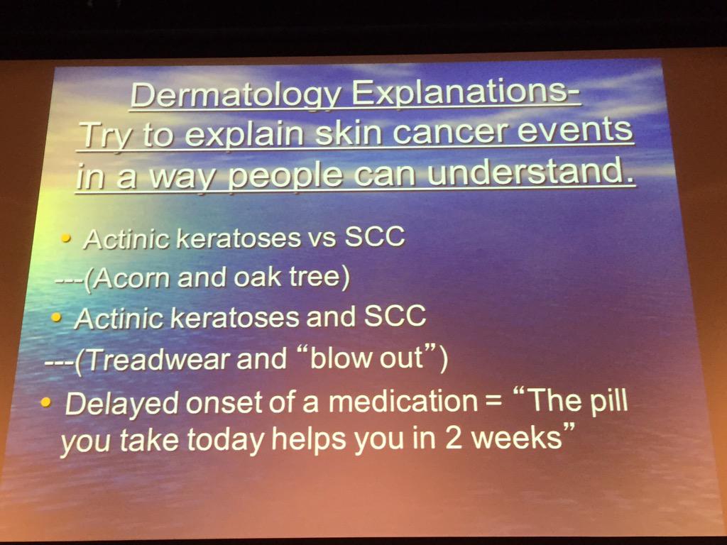 SkinCancerAR's tweet photo. Clever ways to better explain confusing #dermatology issues to patients.- Christy Frank #ASCC15 http://t.co/CtEOrQL2cF