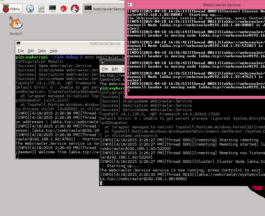 RogerAlsing's tweet photo. .@AkkaDotNET cluster support running on server with .NET and @Raspberry_Pi using mono together. #EveryoneCanJoin http://t.co/MGBdPCe3qA