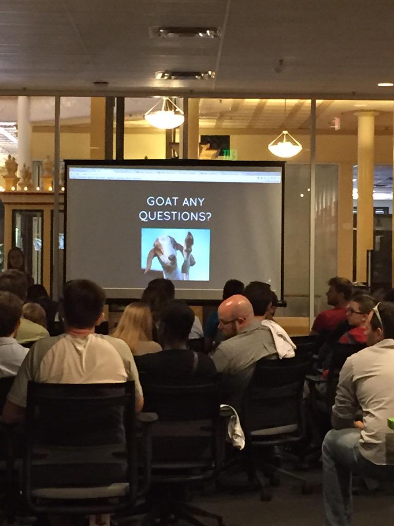 Cloudspace's tweet photo. @DavidKPiano is the reason goats are popular at #universityjavascript! Hes showing them off at barcamp today! #otw15 http://t.co/3lglDdmsk7
