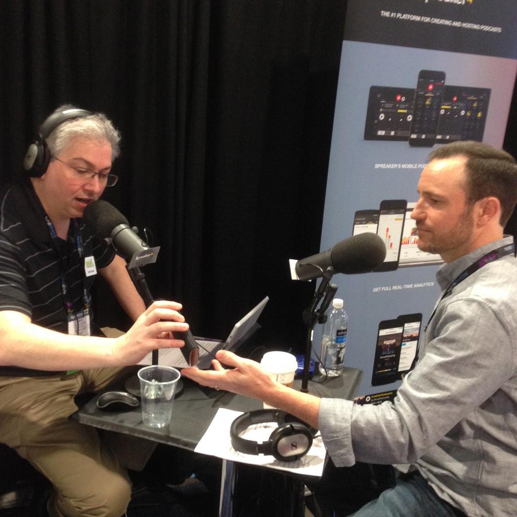 podcastgroove's tweet photo. Dave Jackson School of Podcasting (L) speaks to Ray Ortega at Spreaker Booth #Cool #nmx2015 http://t.co/lsp6Hfj6Wi