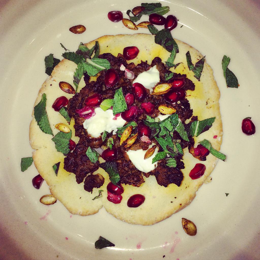 hollywhobakes's tweet photo. Homemade #gluten-free flatbreads with lamb, yoghurt, pomegranate and mint from the @TotalGreek yoghurt book. http://t.co/cKQpve301M
