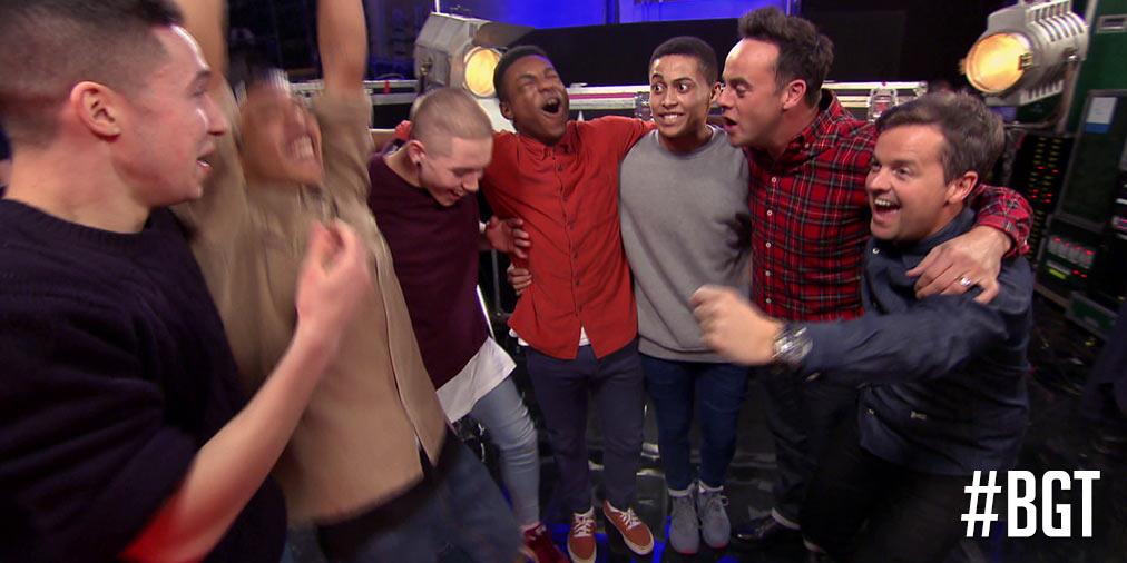 BGT's tweet photo. RT if you think @antanddec were right to press their #GoldenBuzzer for Boyband. #BGT http://t.co/geqBCTucXo