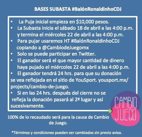 CambioDeJuegomx's tweet photo. El 100% de la subasta del balón firmado por #Ronaldinho se pondrá en donación para nuestra causa en  @YouSportmx http://t.co/w1ONkmoonb