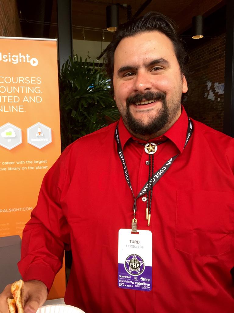 jmikola's tweet image. Meet our first #PHPJeopardy contestant: Turd Ferguson #lsp15