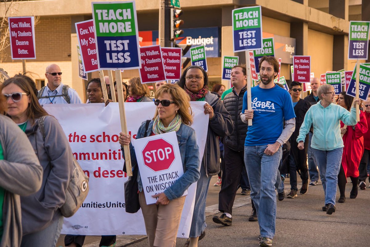JosephBrusky's tweet photo. .@BadassTeachersA Taking to streets of Milwaukee to take back our classrooms &amp; public schools #TeachMoreTestLess http://t.co/U2aL2evlAG