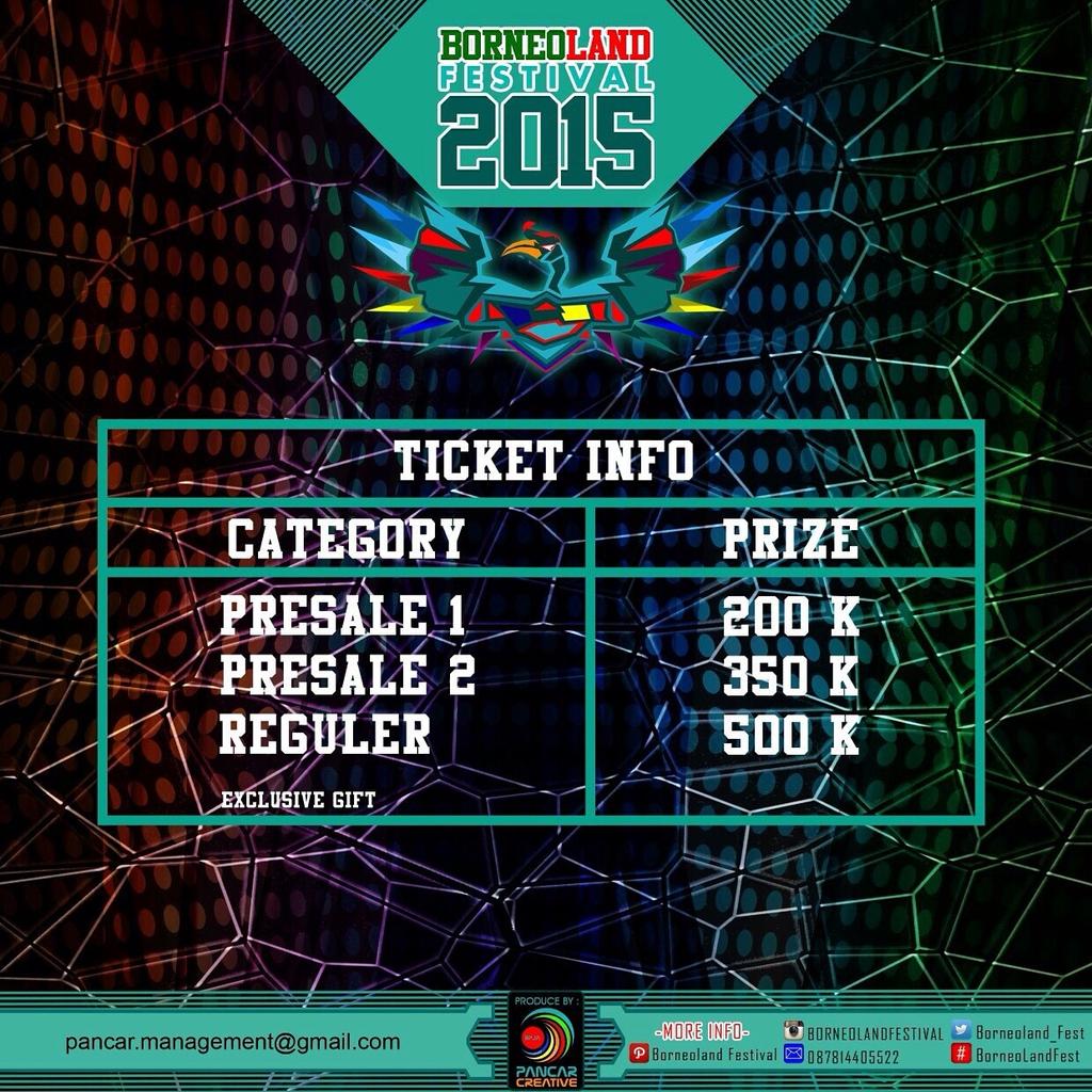Available Borneoland Festival 2015 ticket's in our store. Presale-1 idr 200k.