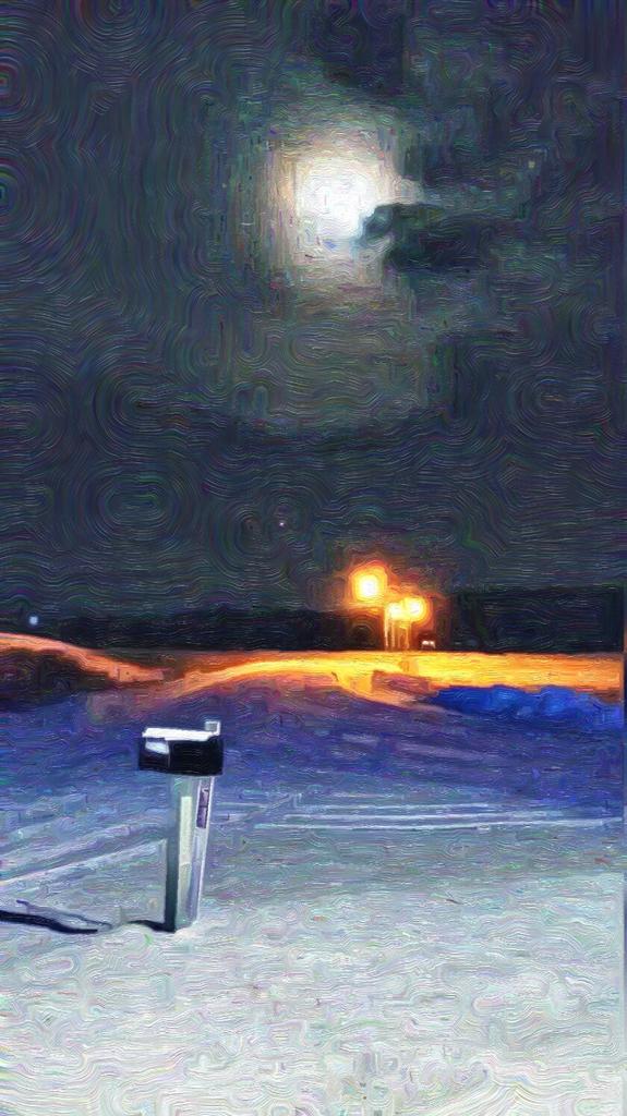JonLH's tweet image. A view of Chippewa Falls at night with moon and snow. Oils Clean filter in Paper Artist. # art #night #jonlh