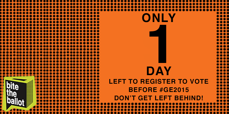 BiteTheBallot's tweet photo. Tomorrow is the last day left to register to vote! #Registertovote here at: http://t.co/FbyOBagnr0 http://t.co/Itvx9YN0g4