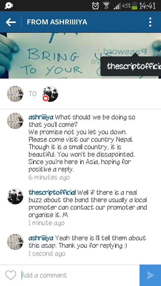 scousergirl's tweet image. I dont believe this. They replied me.
#TheScriptToNepal
@thescript 
@JPREvent pls help us. They gave positive reply!!