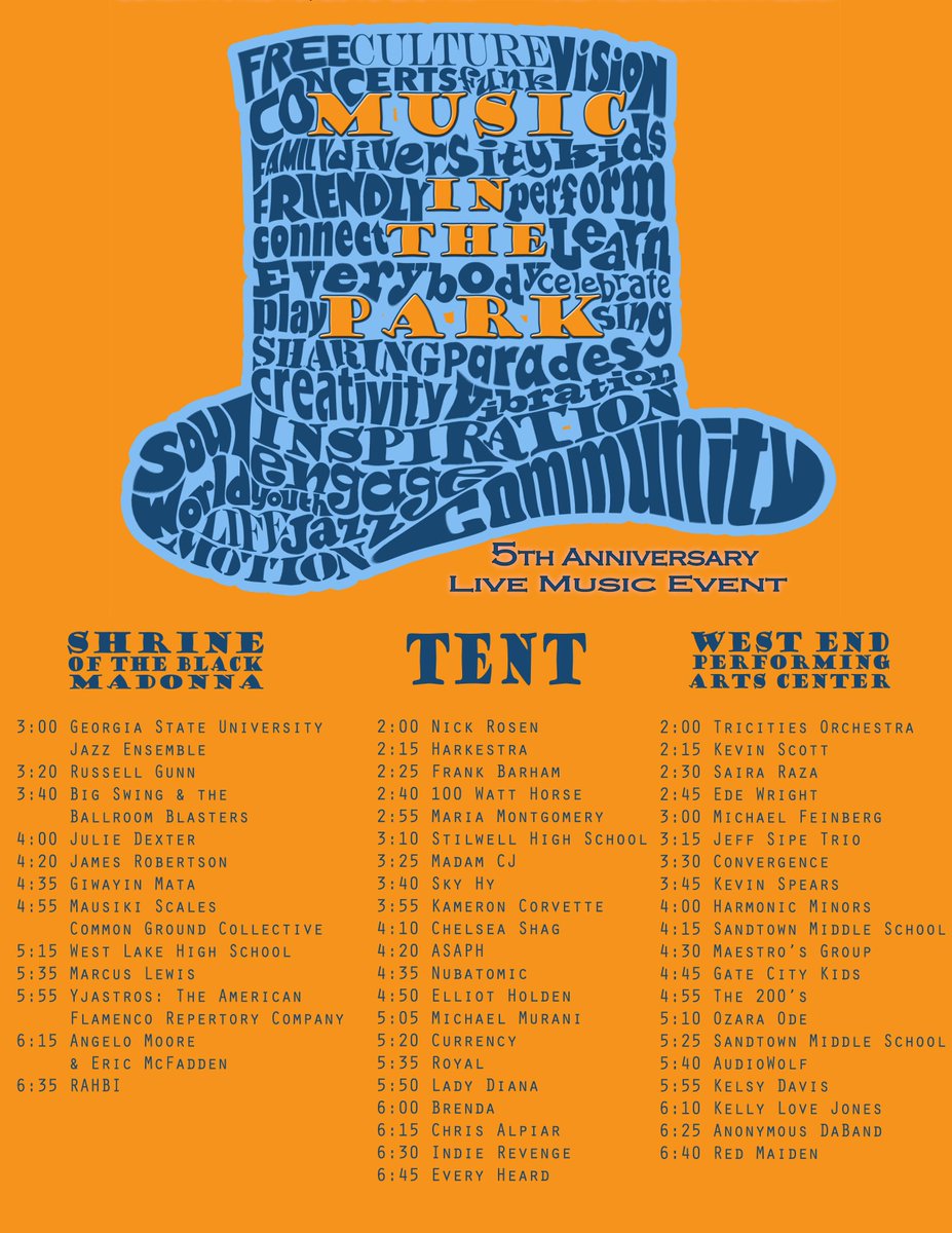 MITPAtlanta's tweet photo. 5th Annual Music in the Park &amp; @ATLStreetsAlive is today! Get ready!!! #MITP2015 #MITP5 #MITPATL @AtlantaJazzFest http://t.co/y1osYDgZwj