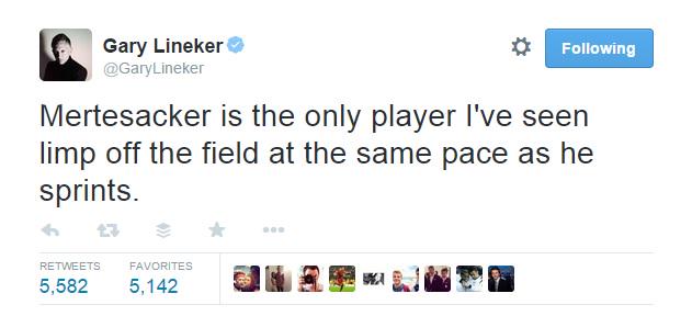 FootballFunnys's tweet photo. Gary Lineker on Per Mertesacker.. http://t.co/t7XFCXeern