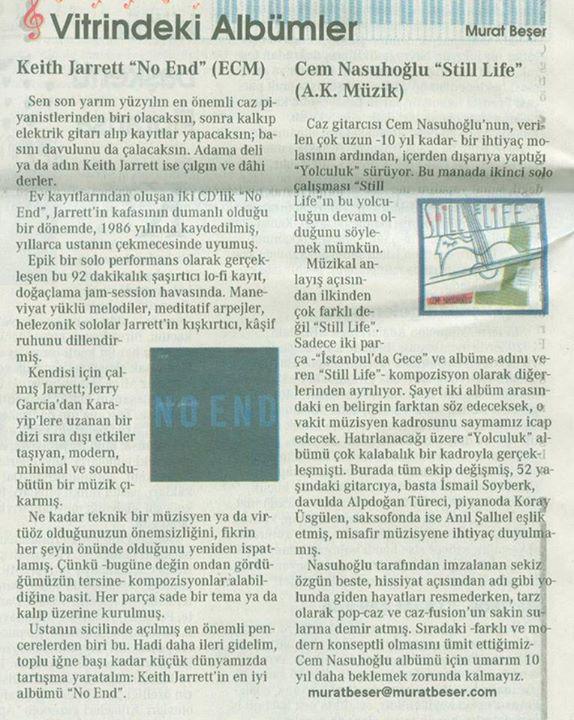cemnasuhoglu's tweet photo. 19. Nisan.2015 Cumhuriyet Gazetesi.Murat Beşer'e teşekkür ederim."(Still Life" albümü hakkında...) http://t.co/nEHZpHb7Qm
