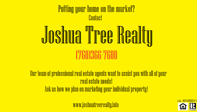 JoshuaTreeHomes's tweet photo. Call our agents here at Joshua Tree Realty &amp; ask how we plan on advertising your individual property! (760)366-7600 http://t.co/MiKbefq4XN
