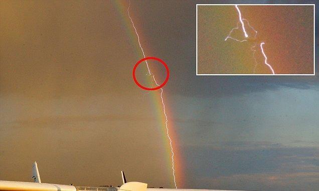 StormHour's tweet image. RT @HighTechPanda: German photographer Birk Möbius captured a photo of lightning striking a plane inside a rainbow.
