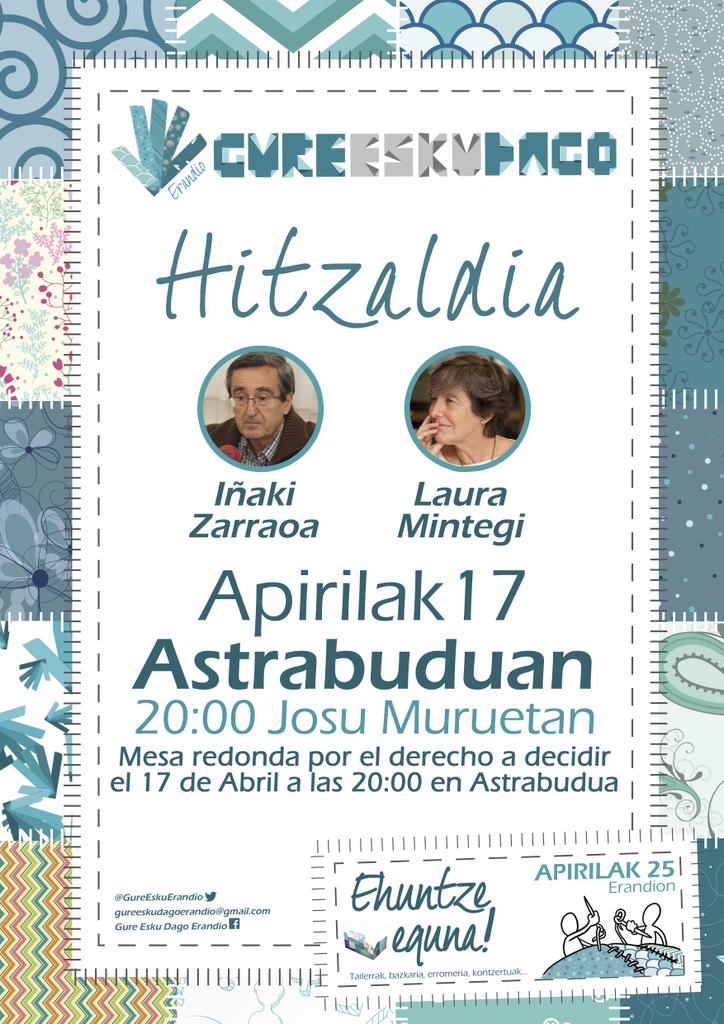 GureEskuErandio's tweet photo. Apirilaren 17an Laura Mintegi eta Iñaki Zarraoaren hitzaldia izango dugu Astrabuduako Josu Muruetan, 20:00etan!! http://t.co/kyBUM8Qitw