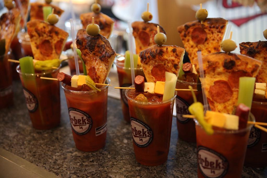 College Daze Bloody Mary served with a slice of cold pizza. Served