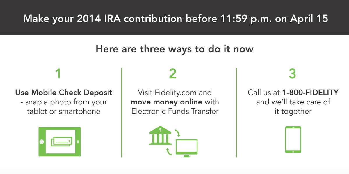 Fidelity's tweet photo. Here are 3 ways you can make a 2014 IRA contribution before the April 15 deadline. http://t.co/r1rLQVkLac