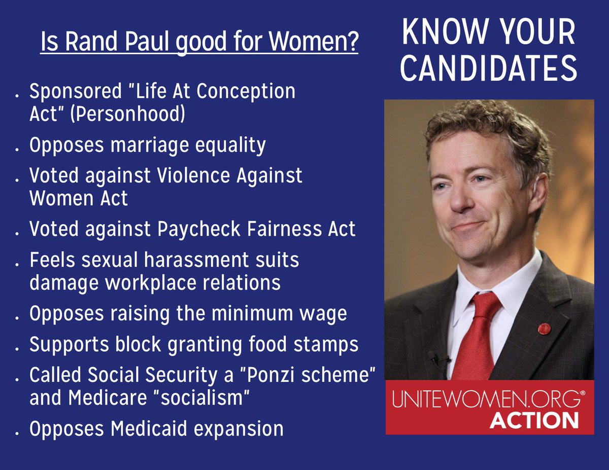KarenUniteWomen's tweet photo. Is #RandPaul good for women #KnowYourCandidates .@WIR_GLOBAL .@FemMajority .@feministing .@WVFeministArmy .@NARAL http://t.co/U7oK142yud