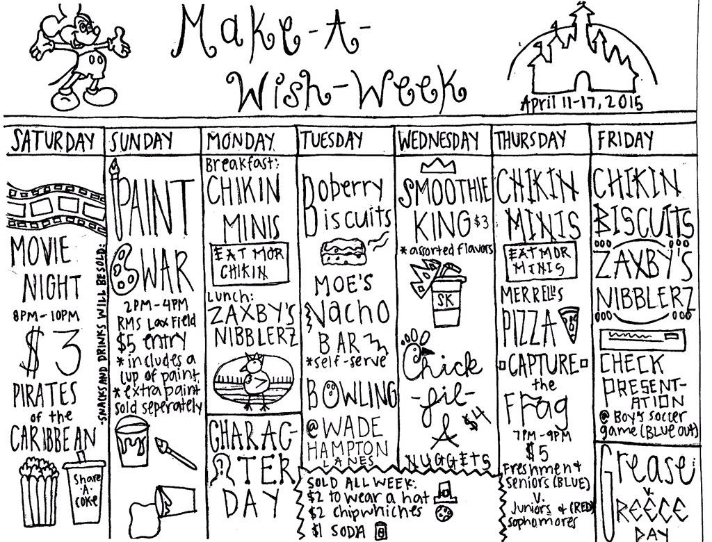 RHS_spiritweek's tweet photo. WARRIORS - our MAKE-A-WISH WEEK calendar is out!! It begins this Saturday so be sure to check the calendar! #maw2015 http://t.co/fdVjdqE450
