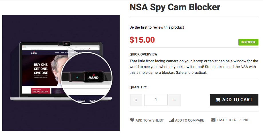 joesonka's tweet photo. .@RandPaul is selling a "NSA Spy Cam Blocker" on his site... #AlexJonesForVP http://t.co/BXqjA2BNkH