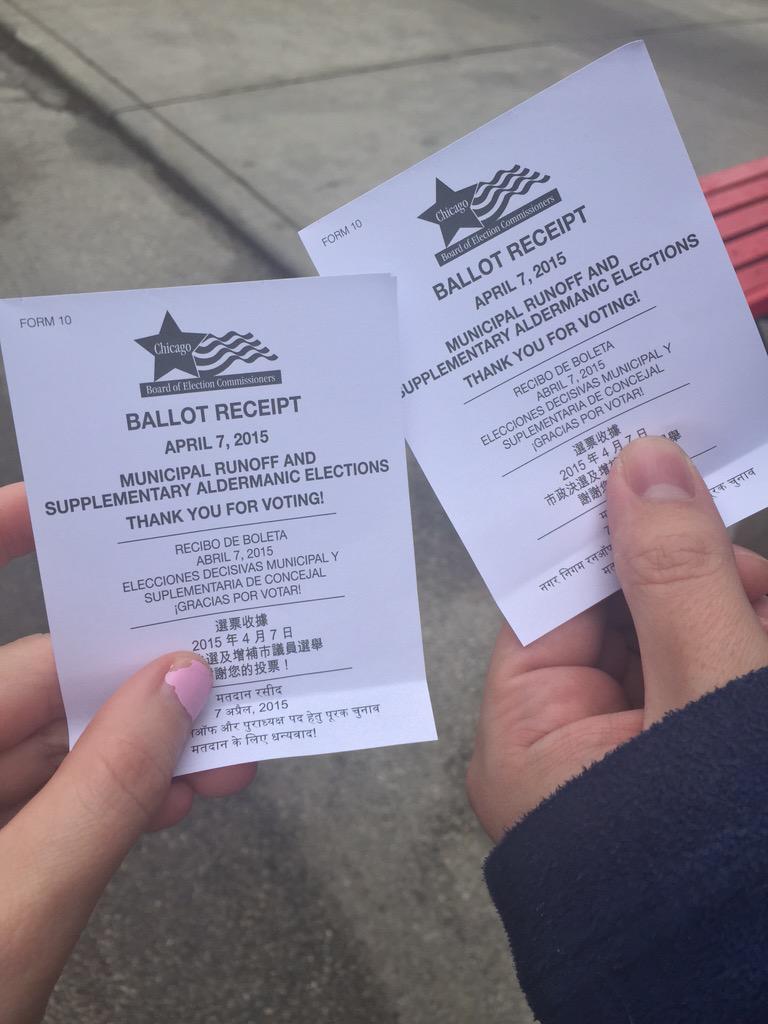 SavannahClemen4's tweet photo. The couple that votes together, stays together? #ChicagoRunoff #Chuy2015 #votoXvoto #GoVote http://t.co/Ng6Sf4J7gY