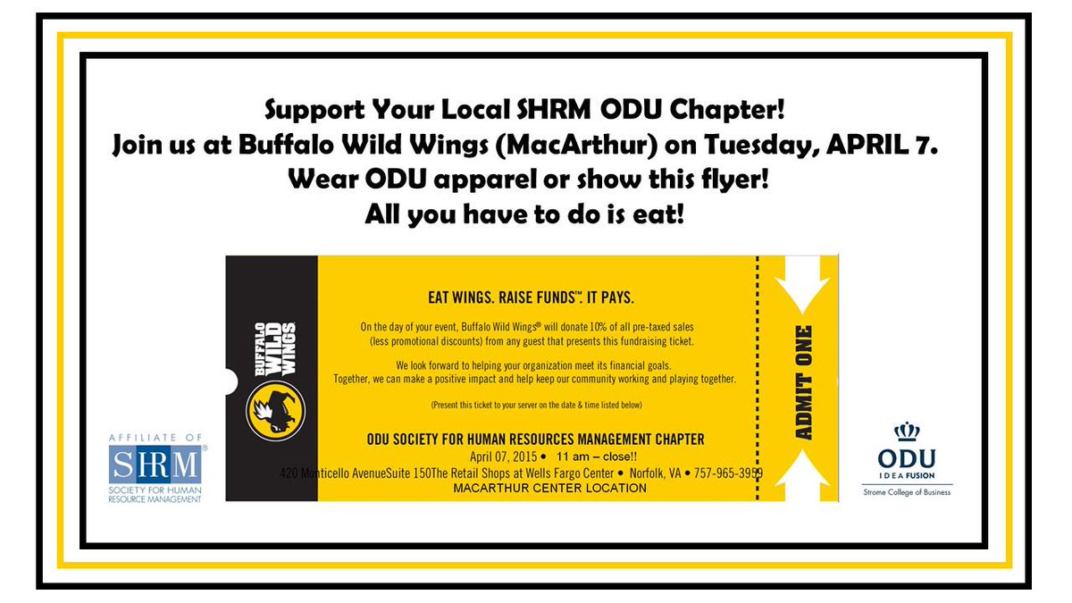 CLoBro_'s tweet photo. Everyone come eat at BWW at MacArthur today! Wear ODU gear or show this picture and a portion goes to SHRM! #ODU http://t.co/8H9412Gky5
