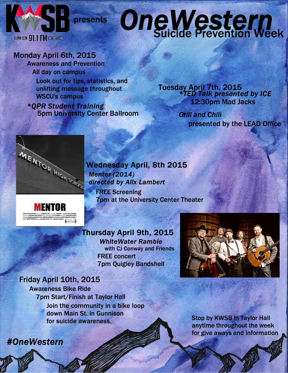 GUNNISON PUBLIC HEALTH; PSA:  It's Suicide Prevention Week. Several events happening at WSCU this week. Check it out.