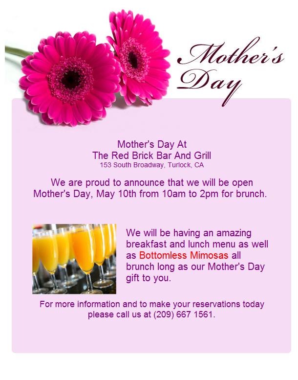 RedBrickTurlock's tweet image. Mother's Day At Red Brick Bar And Grill bit.ly/1GIbpKp