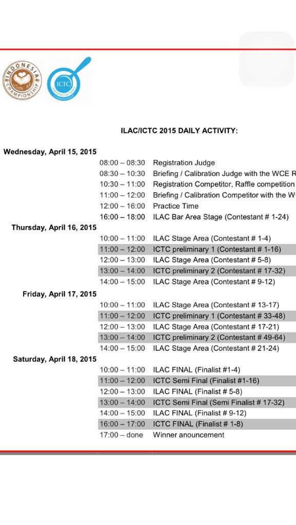 IndonesiaLatte's tweet photo. Ini jadwal Buat 24 Besar Barista yg akan Bertemu di #ILAC2015 @Barista_ID http://t.co/JegdY7lGxb
