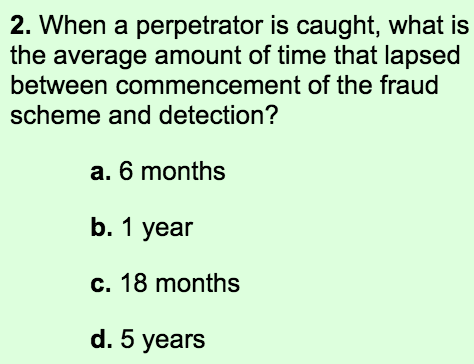 LumsdenCPA's tweet photo. Test your #FraudID: What is the average time b/w beginning of the #fraud scheme & detection? http://t.co/fPXlPVjhBO http://t.co/msuusIFzAQ
