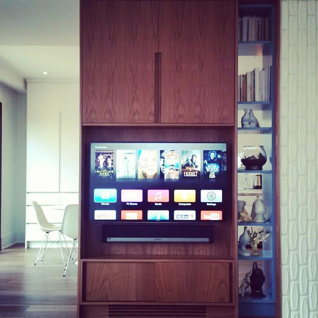 SmartFinish's tweet photo. A 50" #Samsung #Un50H6350 fills this cabinet while a #Sonos #Playbar, #Sub and #ConnectAmp powering #Paradigm #Ams1… http://t.co/x8CBK12QQv